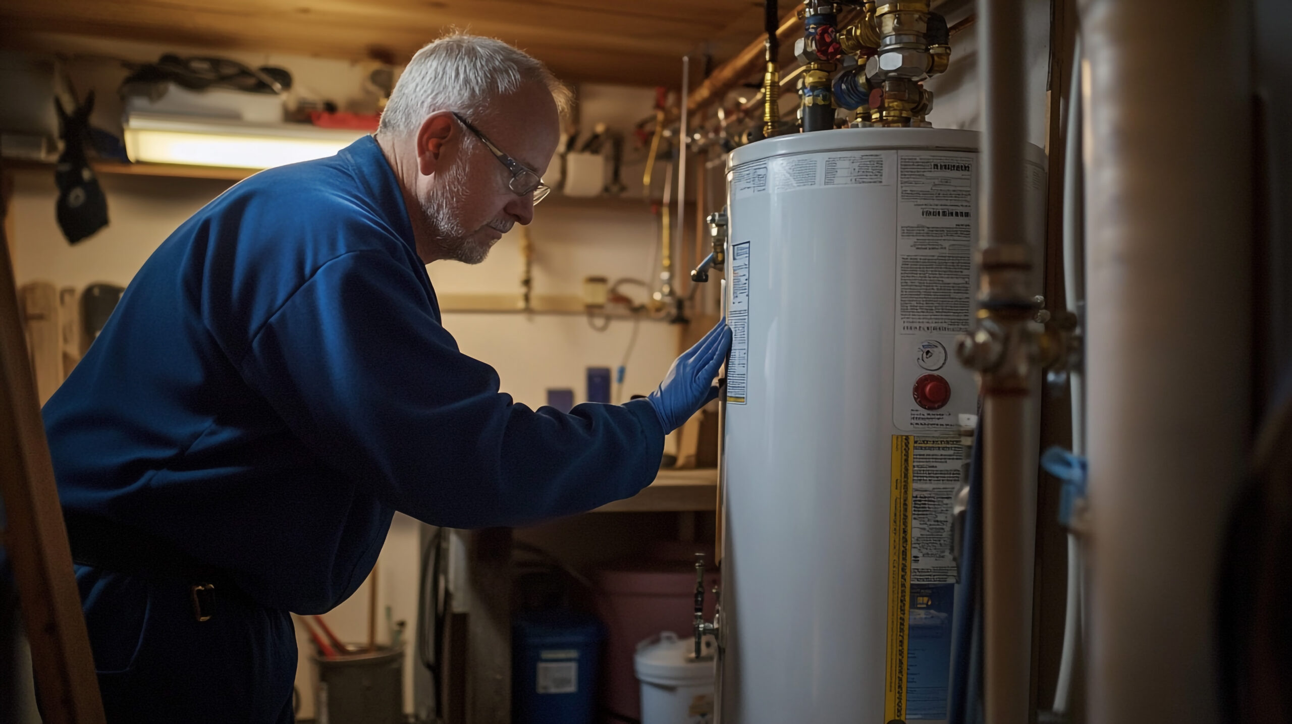 Technician repairing a residential water heater